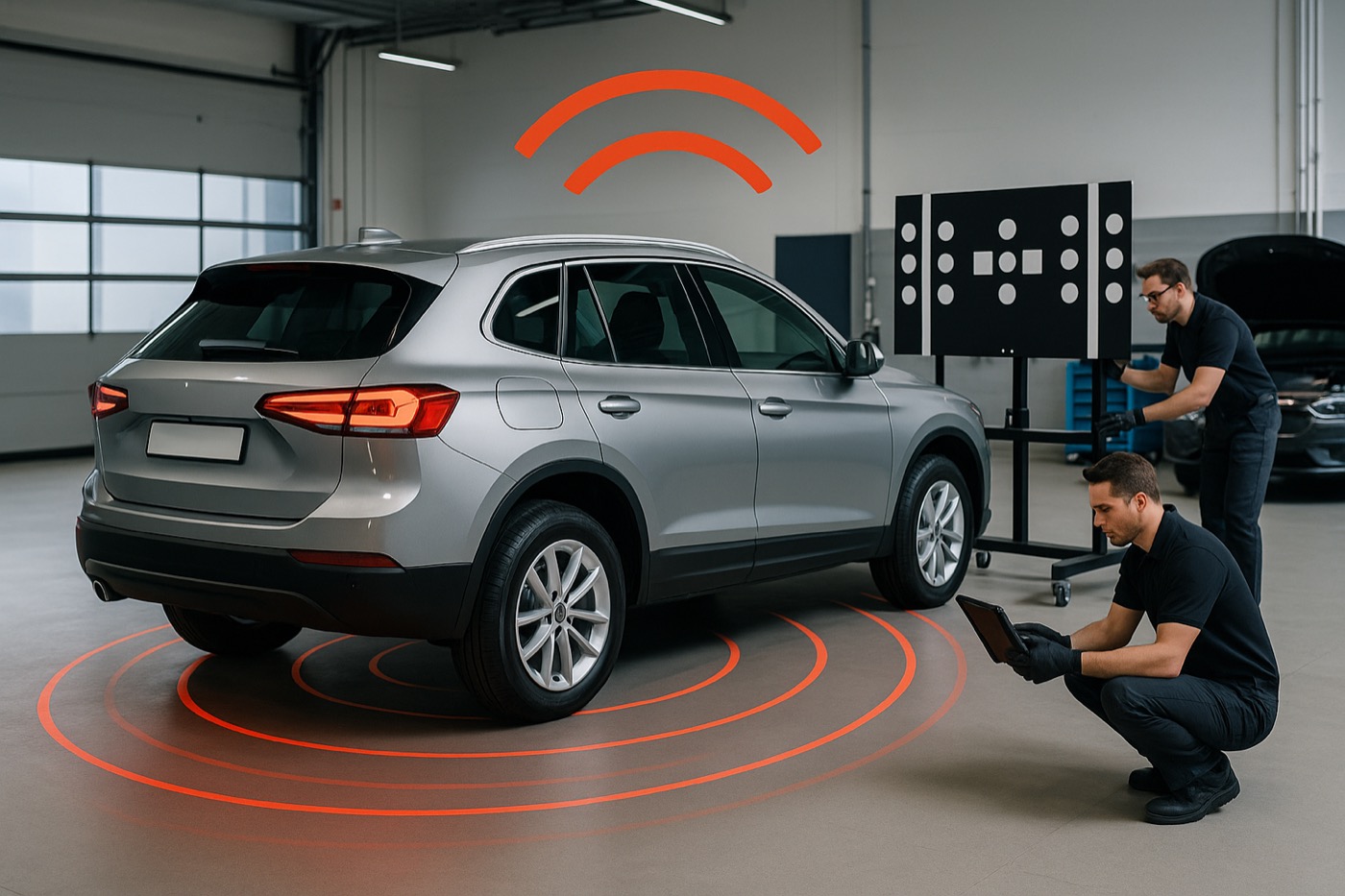 Technician performing module programming on vehicle